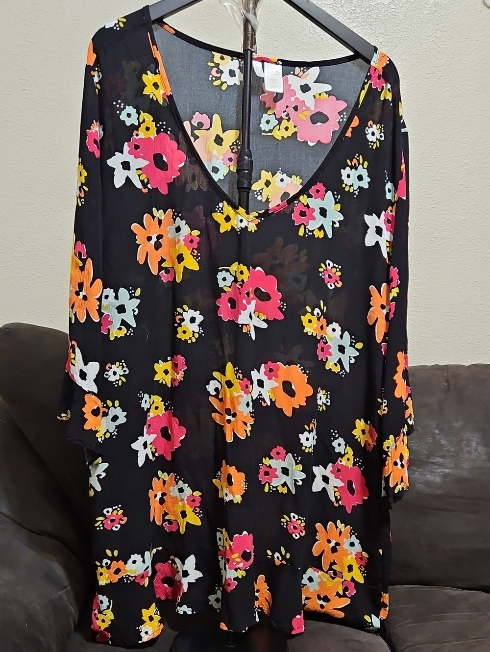 Anne Cole Black Sheer V-Neck Tunic with Pink Orange Yellow Floral Pattern